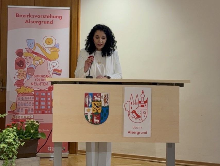 Bezirksvorsteherin Saya Ahmad (SPÖ Alsergrund) bei ihrer ersten Rede nach der Angelobung